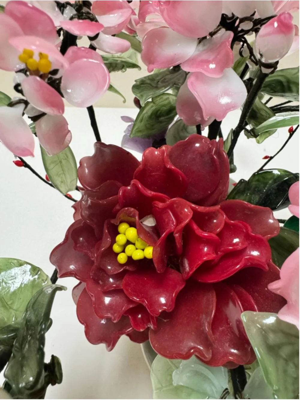 Vintage Yaun Feng Oriental Jade Glass Flowering Blossom Bonsai Tree